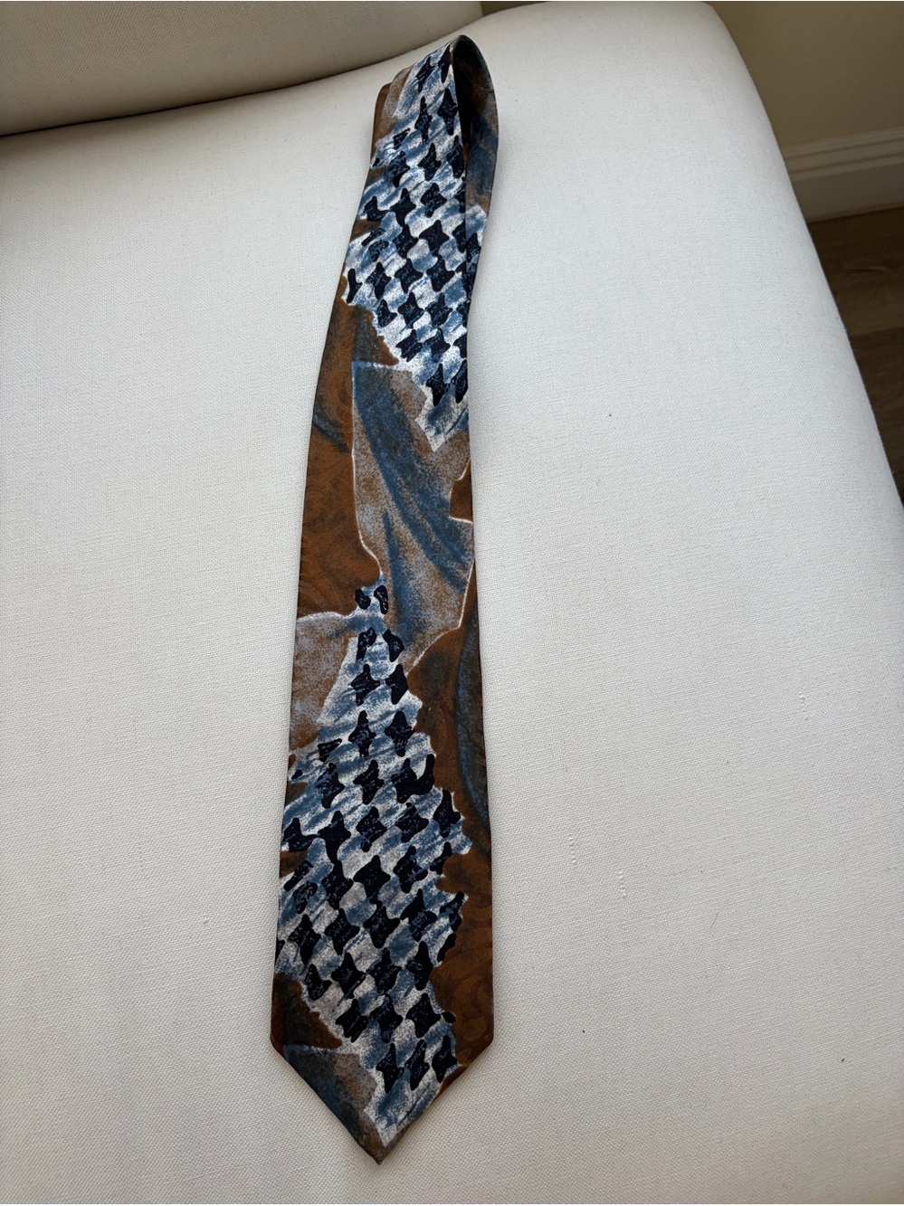 Vintage Oscar de la Renta Couture Silk Tie Abstract Houndstooth Brown Blue